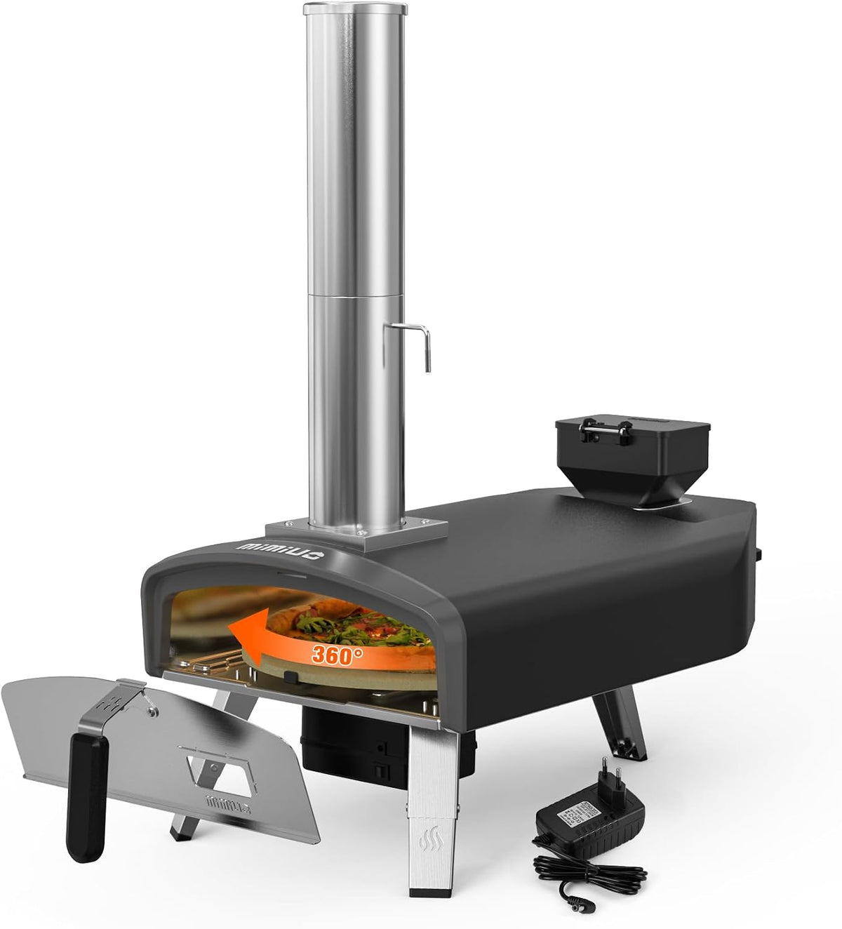 Mimiuo Pizzaoven Wood Pellet Pizza Oven, met 33cm Pizzasteen, met Automatisch Draaisysteem, Zwart, Draagbare Pizzaoven, Outdoor Pizzaoven