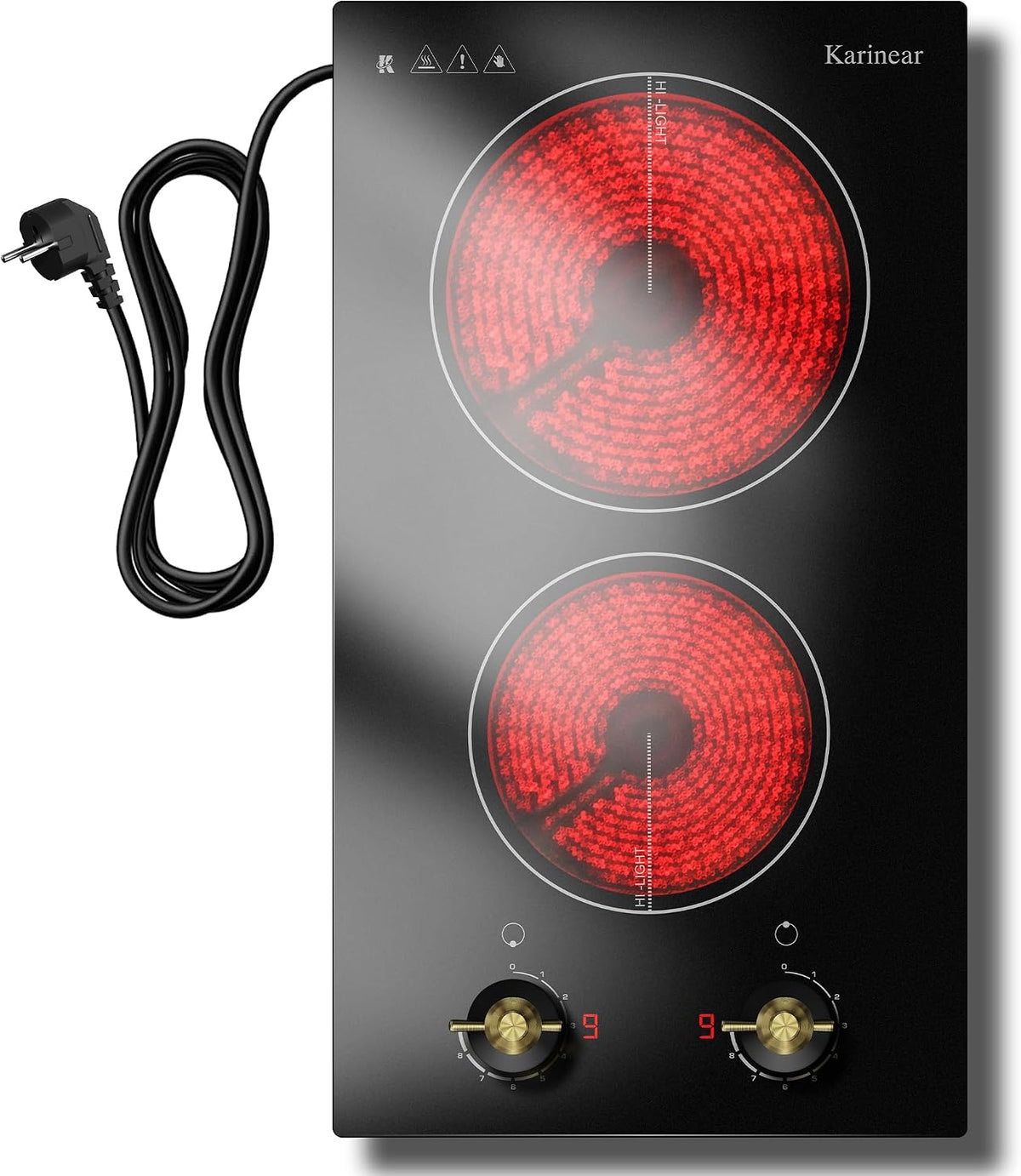 Karinear Kookplaat keramische 2 platen, zelfvoorzienende 30 cm inbouw of mobiel, 3000 W, 16 A stopcontact, met stekker, dubbele draaiknop