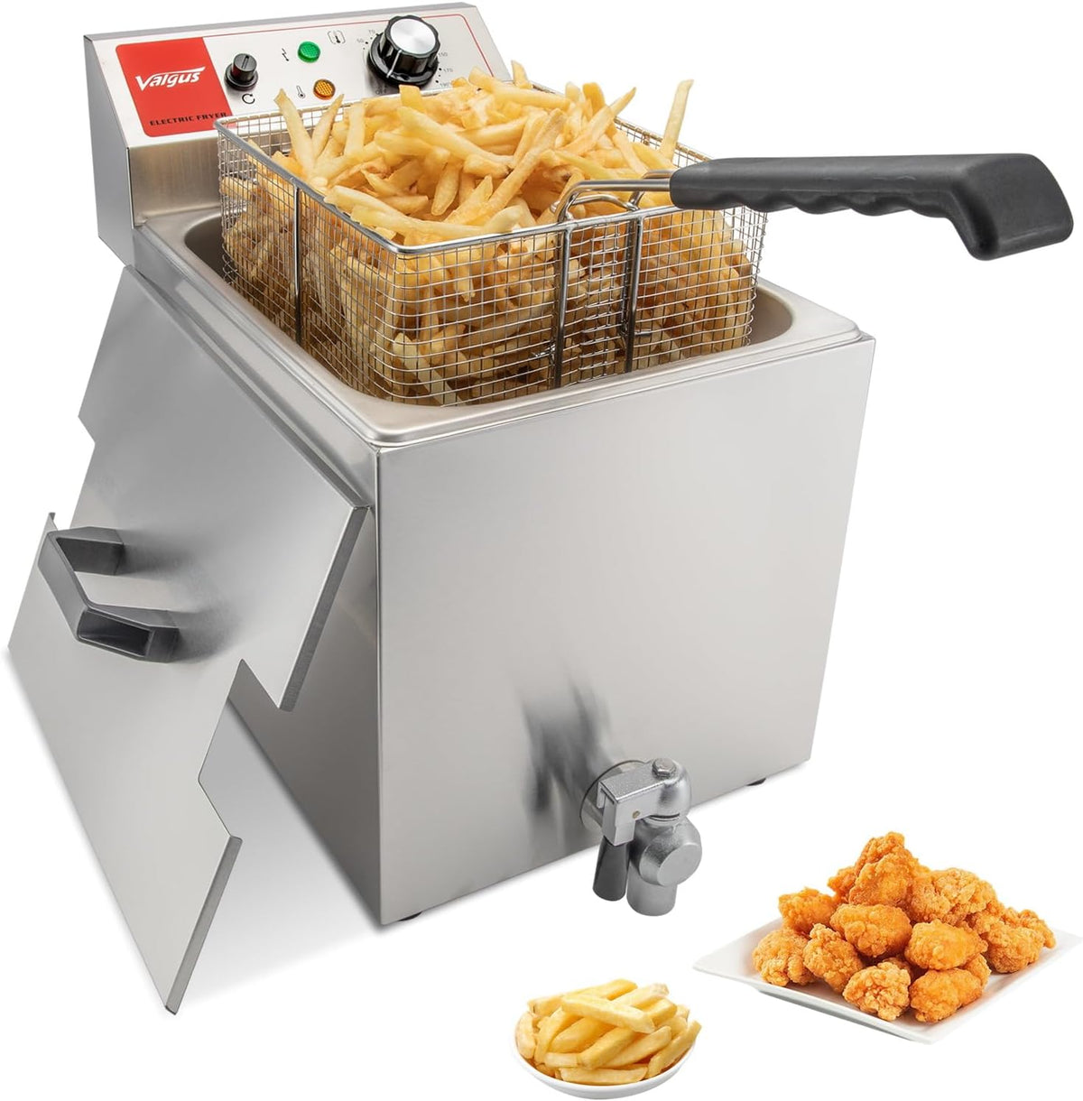 Friteuses Valgus Commerciële elektrische friteuse van roestvrij staal, 3300 W, 13 l, grote keukenfriteuse, met mand en deksel, afvoersysteem