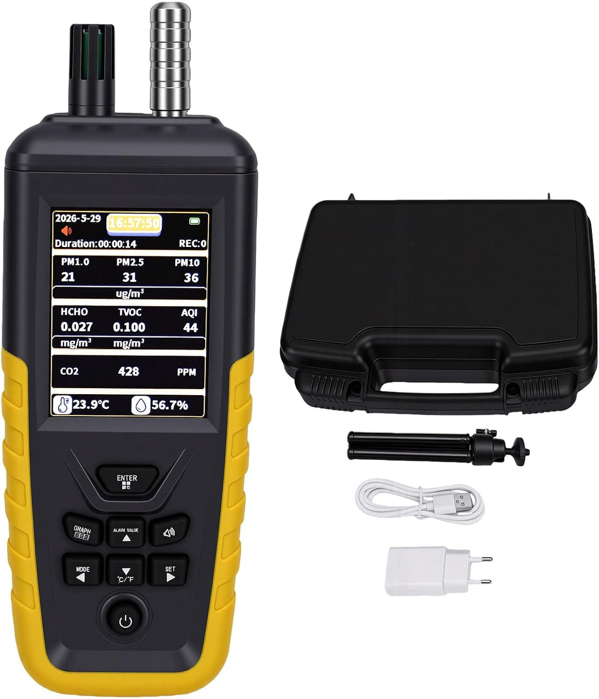 Sunydog Luchtkwaliteitsmeter Luchtkwaliteitstester Draagbare Multifunctionele PM1.0, voor Thuis en op de Werkplek Schokbestendig Ontwerp