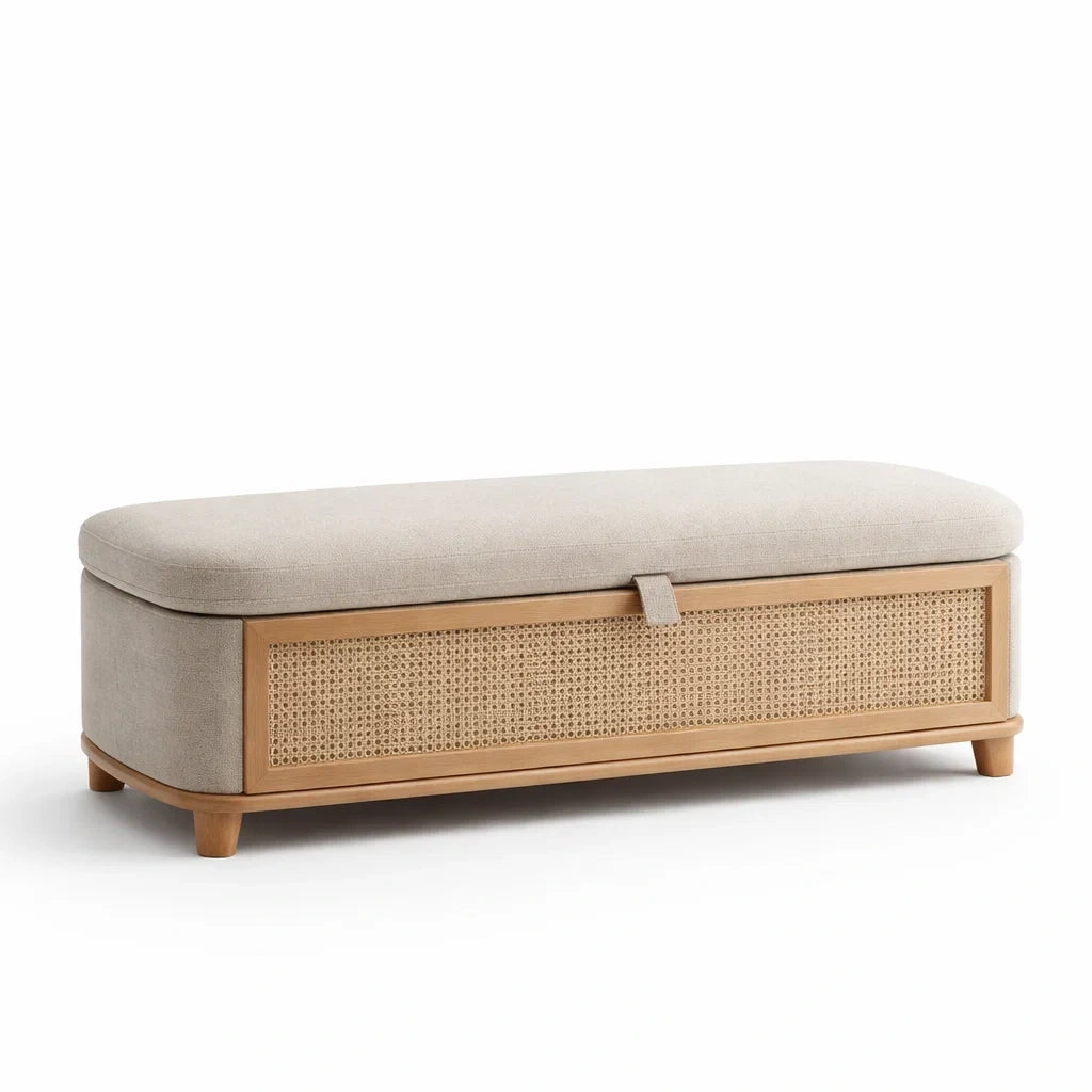 Holz Sitzbank mit Rattangeflecht und Stauraum Beige