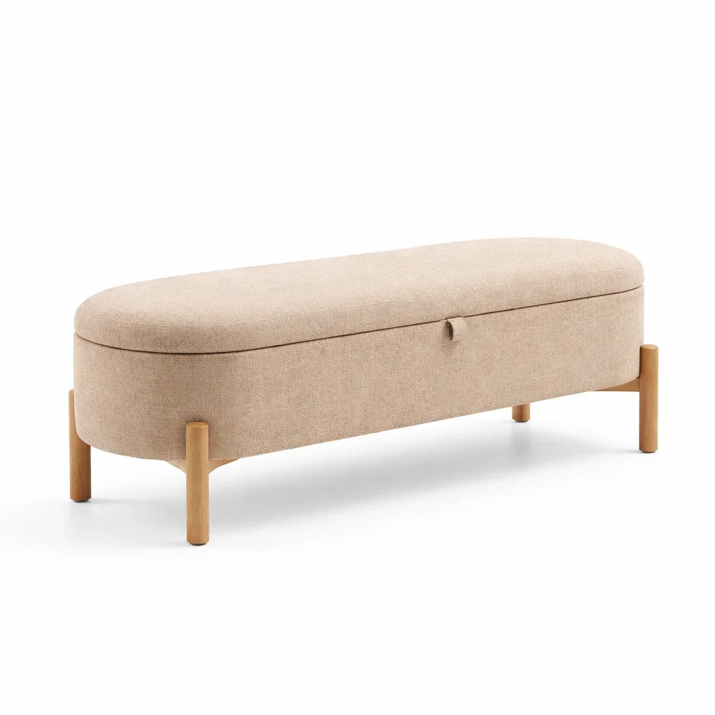 Beige Leinen Sitzbank mit Stauraum und Holzbeinen