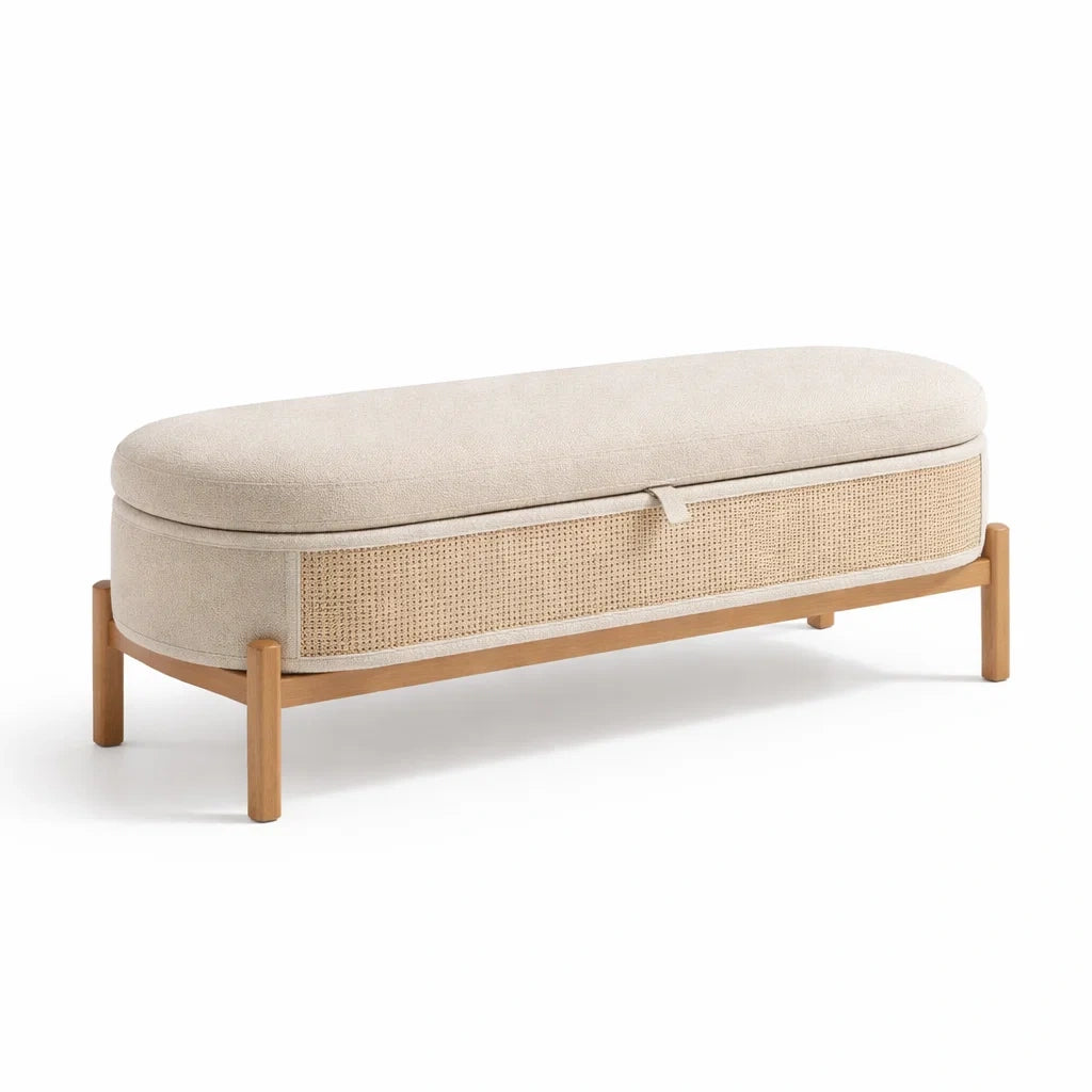 Bank mit Aufbewahrung Leinen Beige Eichenholz 120x40x45 cm – roomalira