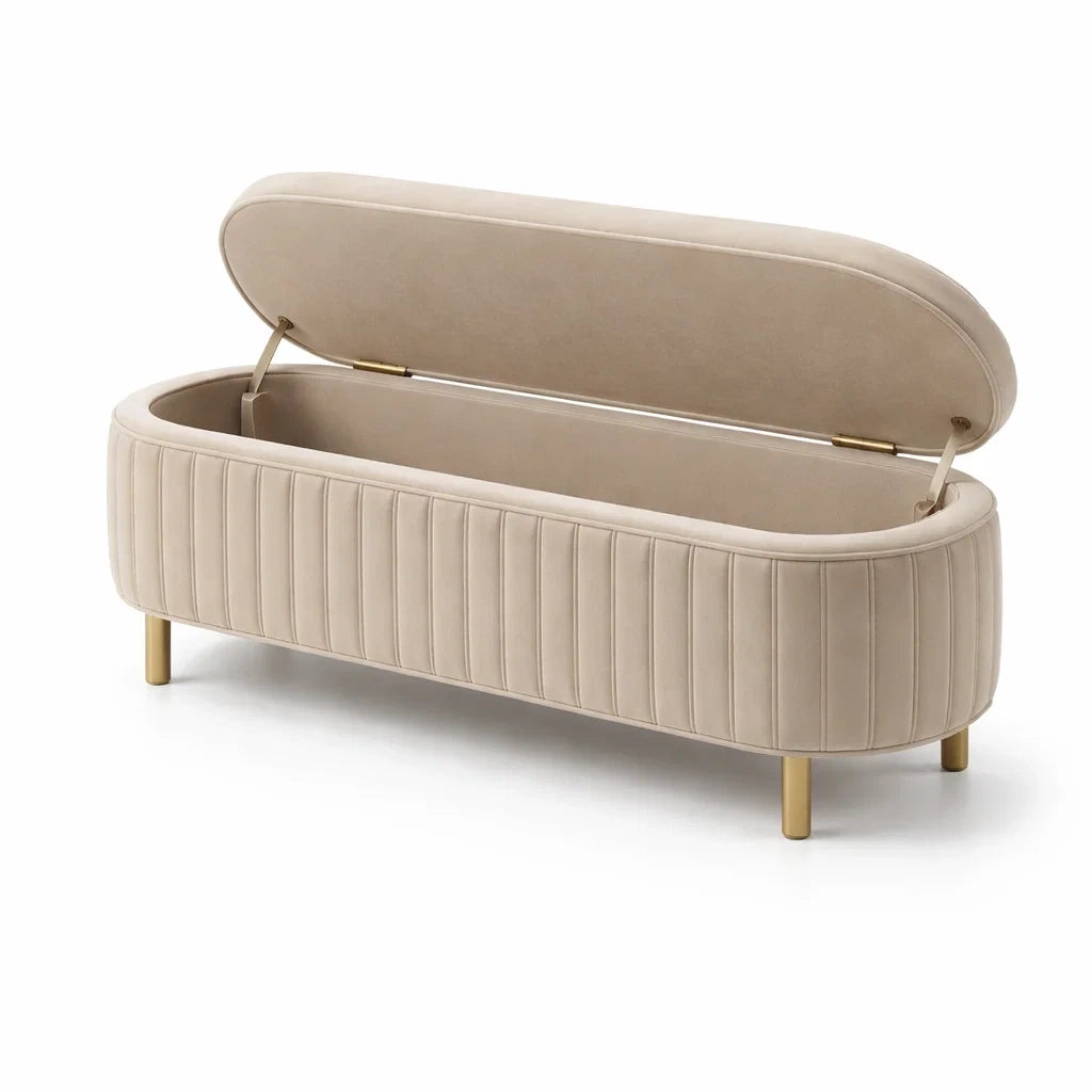 Bank mit Stauraum Beige Samt und Metall