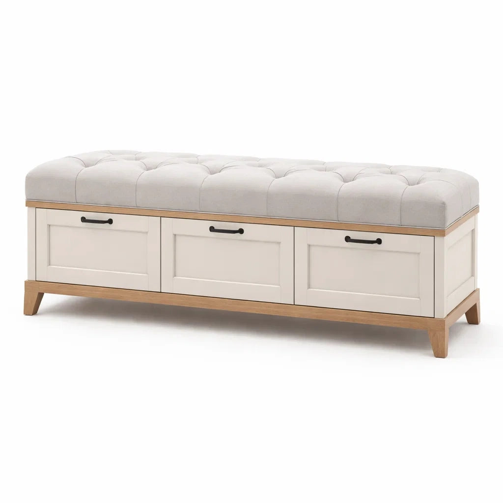 Holzbank mit Stauraum und Leinenbezug, Beige