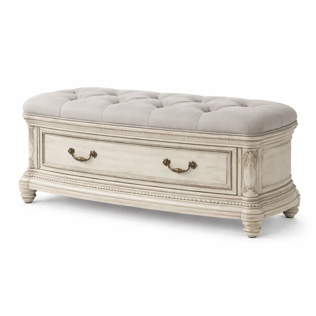 Polsterbank mit Schublade Leinen Beige Holz