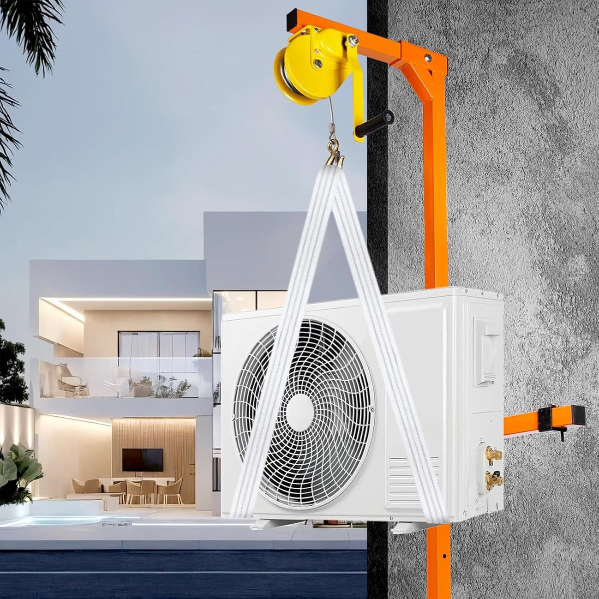 Hydraulische kran Kraan, hefvermogen 150 kg, voor de buitenmontage van airconditioners, met vaste riemschijf, bescherming tegen roest en corrosie