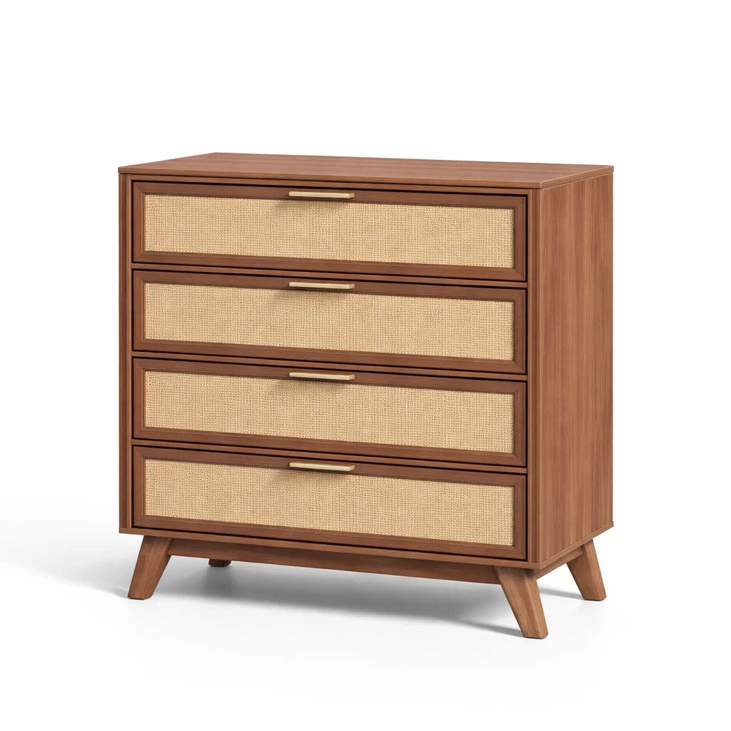 Holz- und Rattan-Kommode mit 4 Schubladen