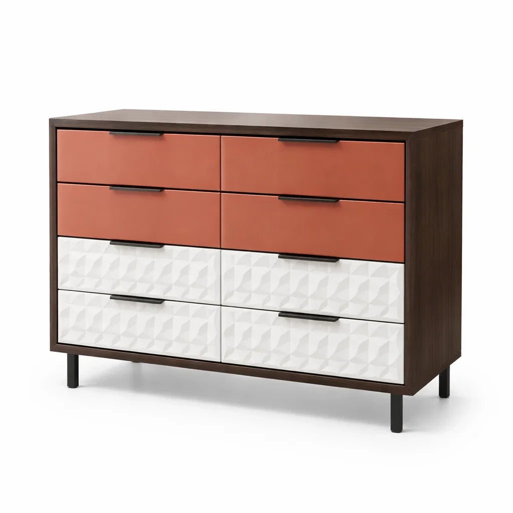 Kommode mit 8 Schubladen aus Holz und MDF in Walnussbraun/Weiß/Rot 100x80x40cm