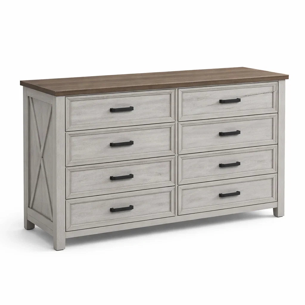 Kommode aus MDF mit Holzfurnier in Weiß und Braun, 8 Schubladen