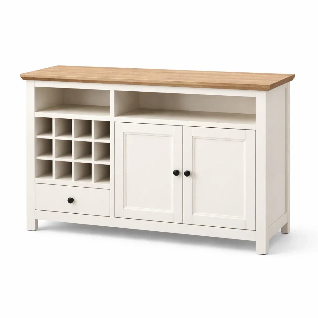 Weißer Barschrank mit Holzoberfläche und Weinständer 140 x 40 x 85 cm