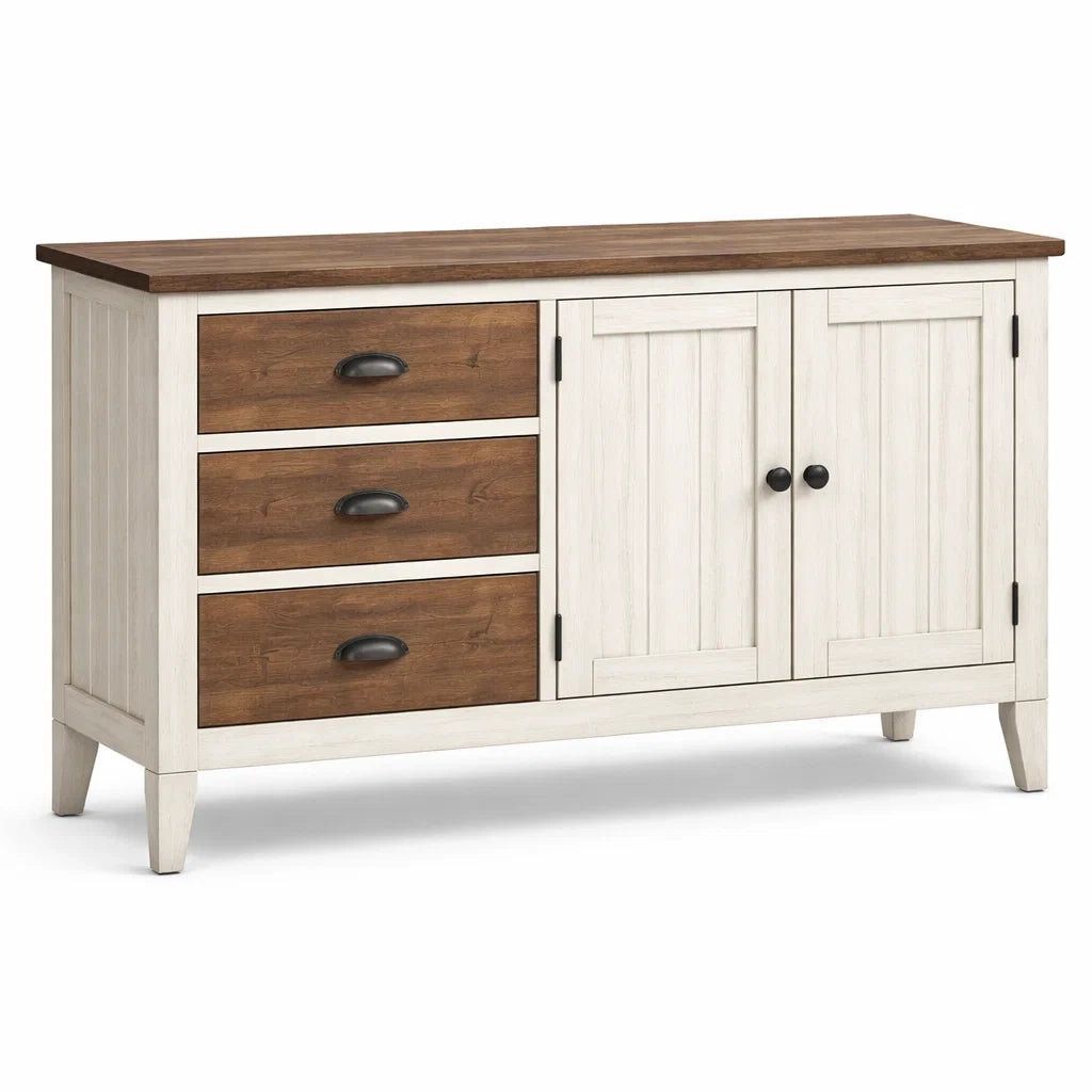 Sideboard Holz Kiefer Weiß/Braun mit 3 Schubladen und 2 Türen