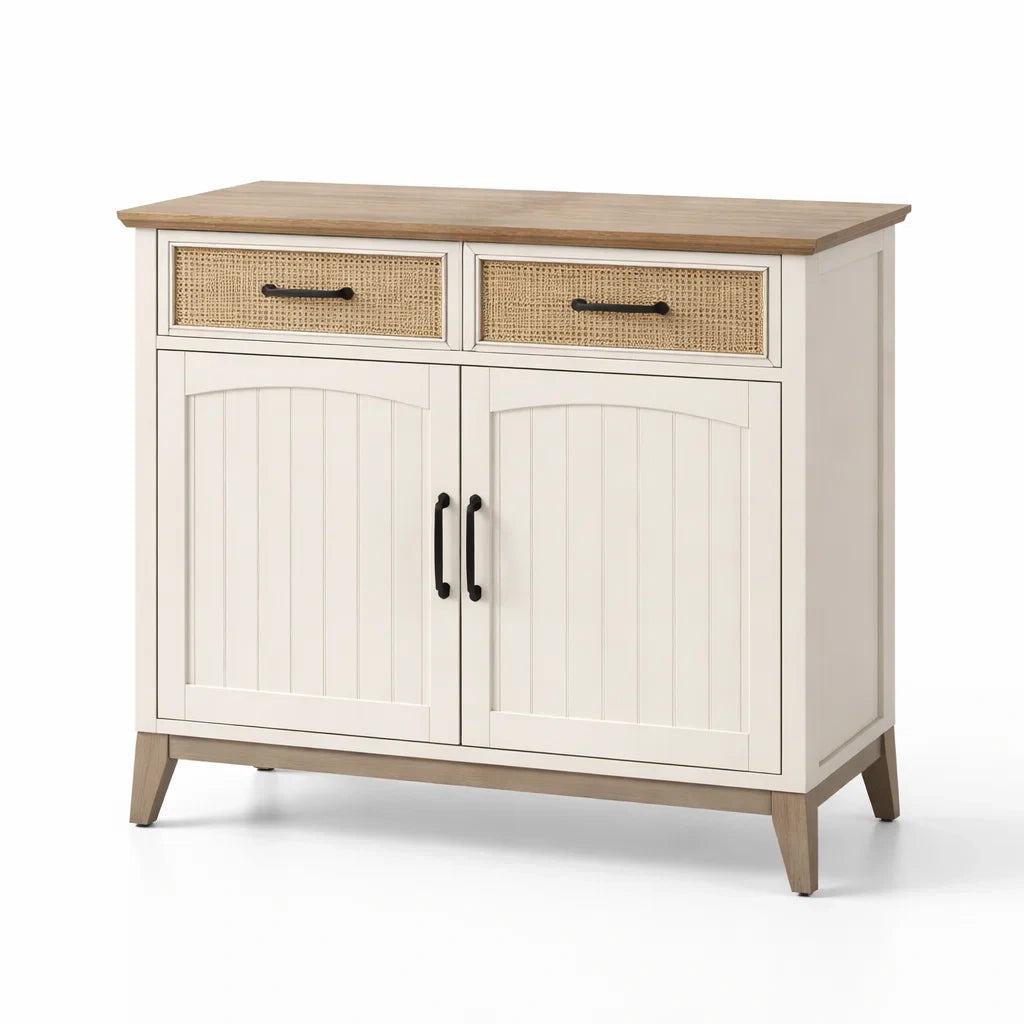 Sideboard mit 2 Türen aus Kiefernholz und Rattangeflecht, Weiß und Natur