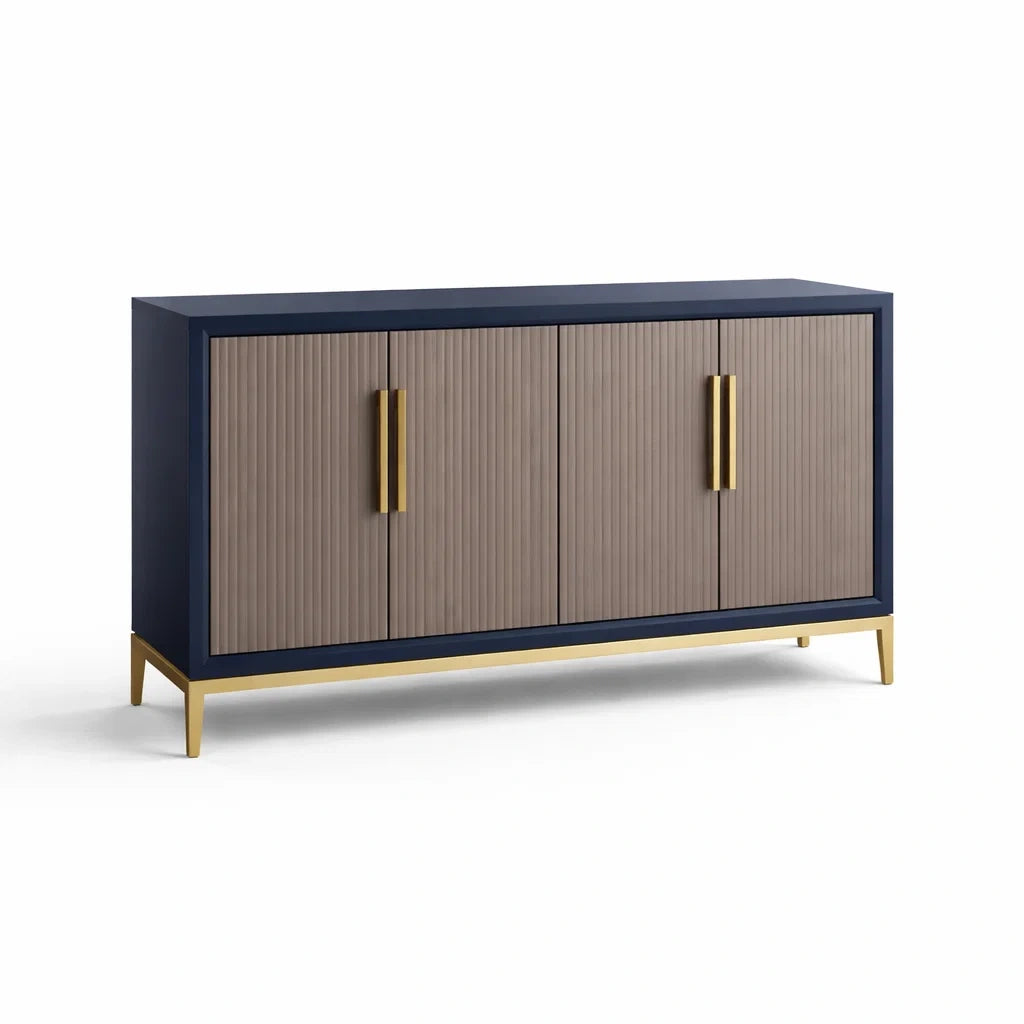 Sideboard aus MDF mit Messinggriffen und Metallrahmen, Blau und Messing