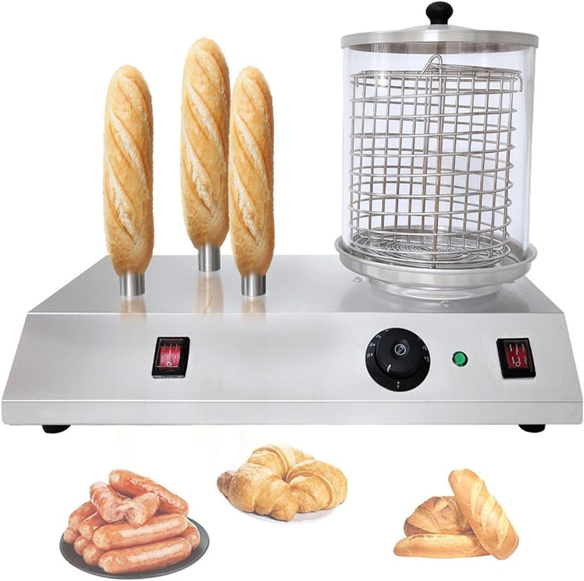 Xnxysmkj Hot dog machines Commerciële elektrische hotdogmachine stoomboot, 3/4 toaststok (3), broodwarmer, fornuis roestvrij staal
