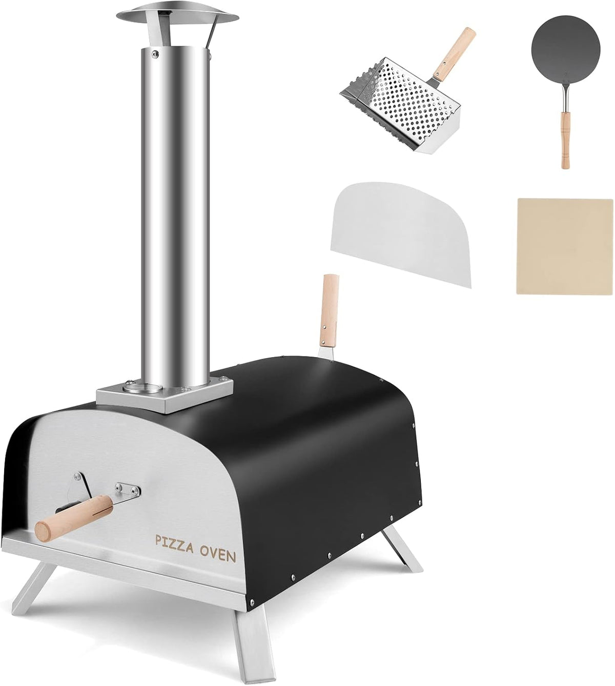Costway Elektrische kachel Pizza oven outdoor, incl. pizza schuiver en pizzasteen, draagbare pizza houtkachel, gas & hout pizza oven