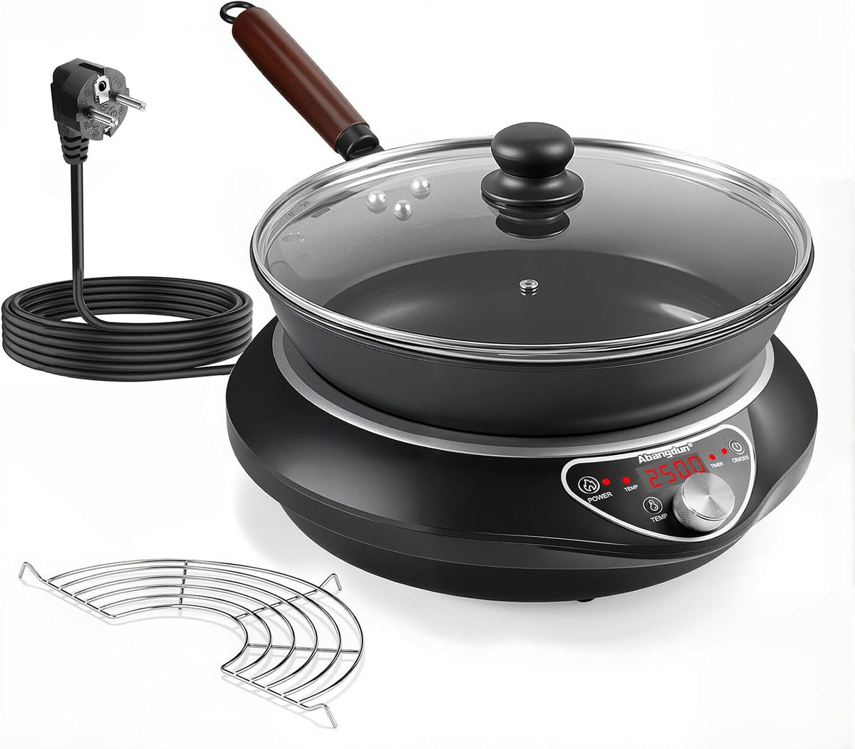 Abangdun Kookplaat Wok inductiekookplaat, 190-275 V (zwart), 2500 W inductiekookplaat, 18-uurs timer, 12 warmtestanden, temperatuurbereik 60-240 °C