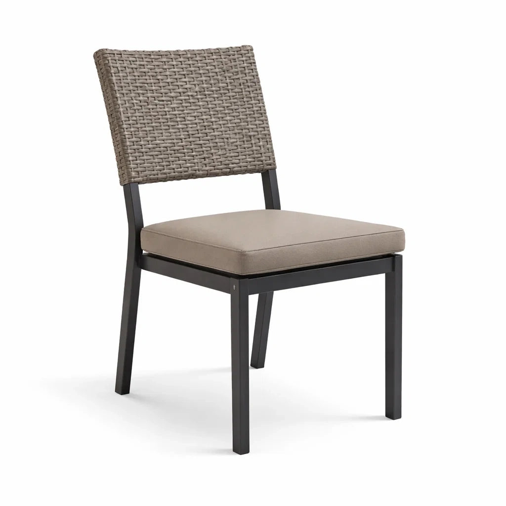 Stuhl aus Metall mit Polster und Polyrattan in Schwarz, Beige und Braun