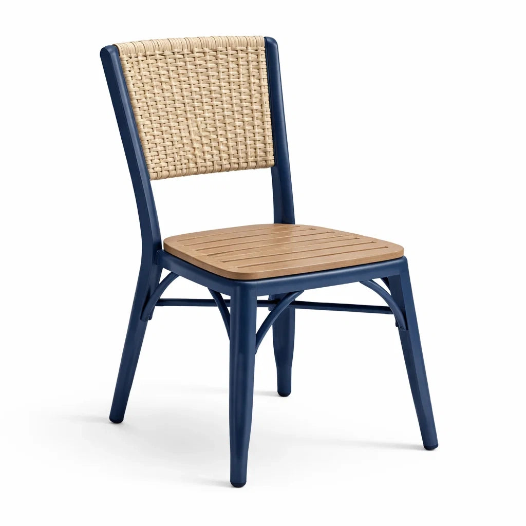 Stuhl aus Aluminium mit Geflecht und Holzsitz, Blau