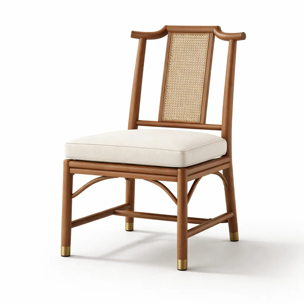 Esszimmerstuhl mit Holzrahmen und Rattangeflecht, Beige Kissen