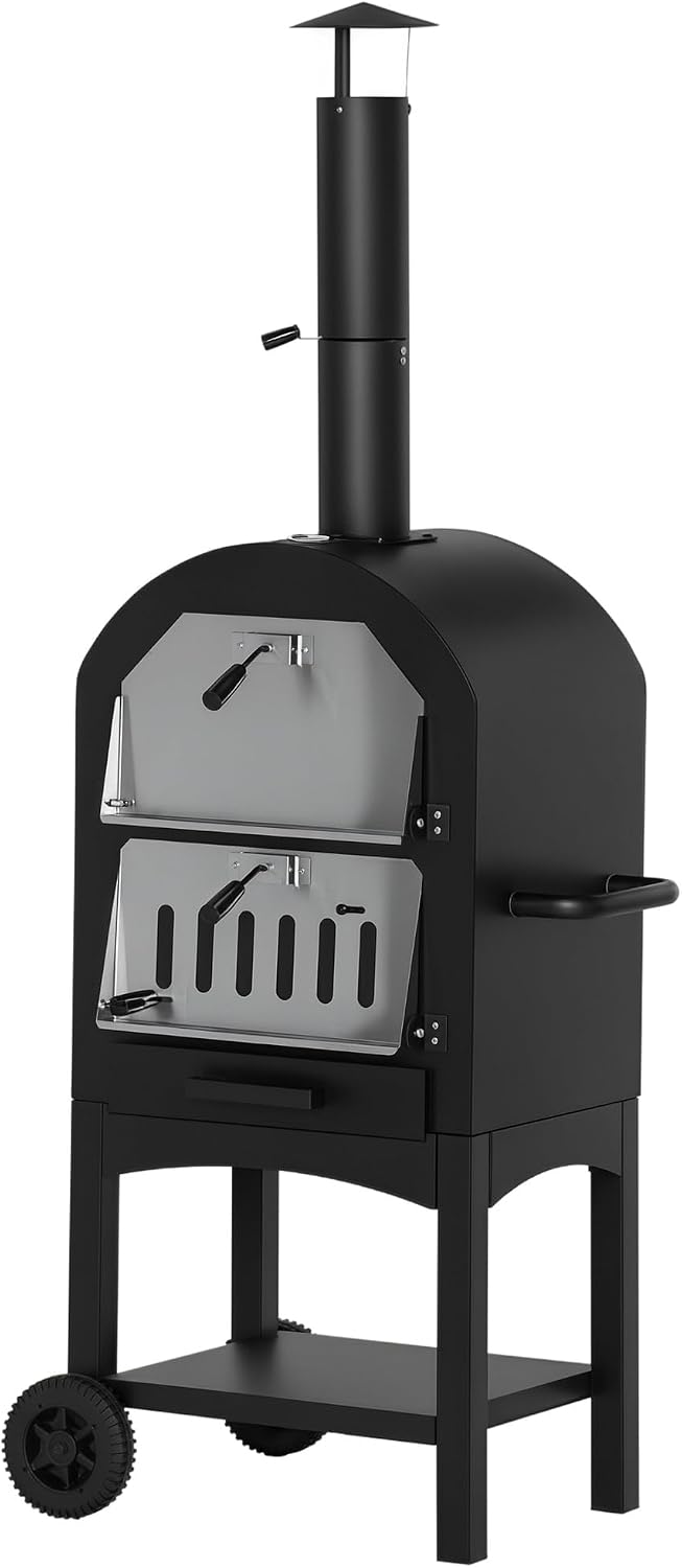 Outsunny Pizzaoven 2-in-1 buiten, met wielen 63x54x161cm Zwart+Zilver
