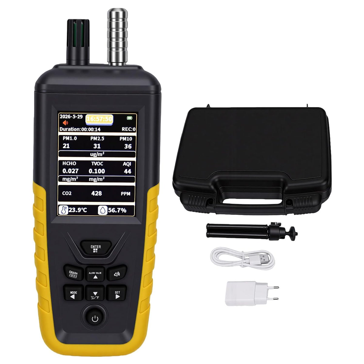 Luchtkwaliteitsmeter Zerodis Luchtkwaliteitsmonitor, 8 Uur Gebruik, USB-gegevensexport