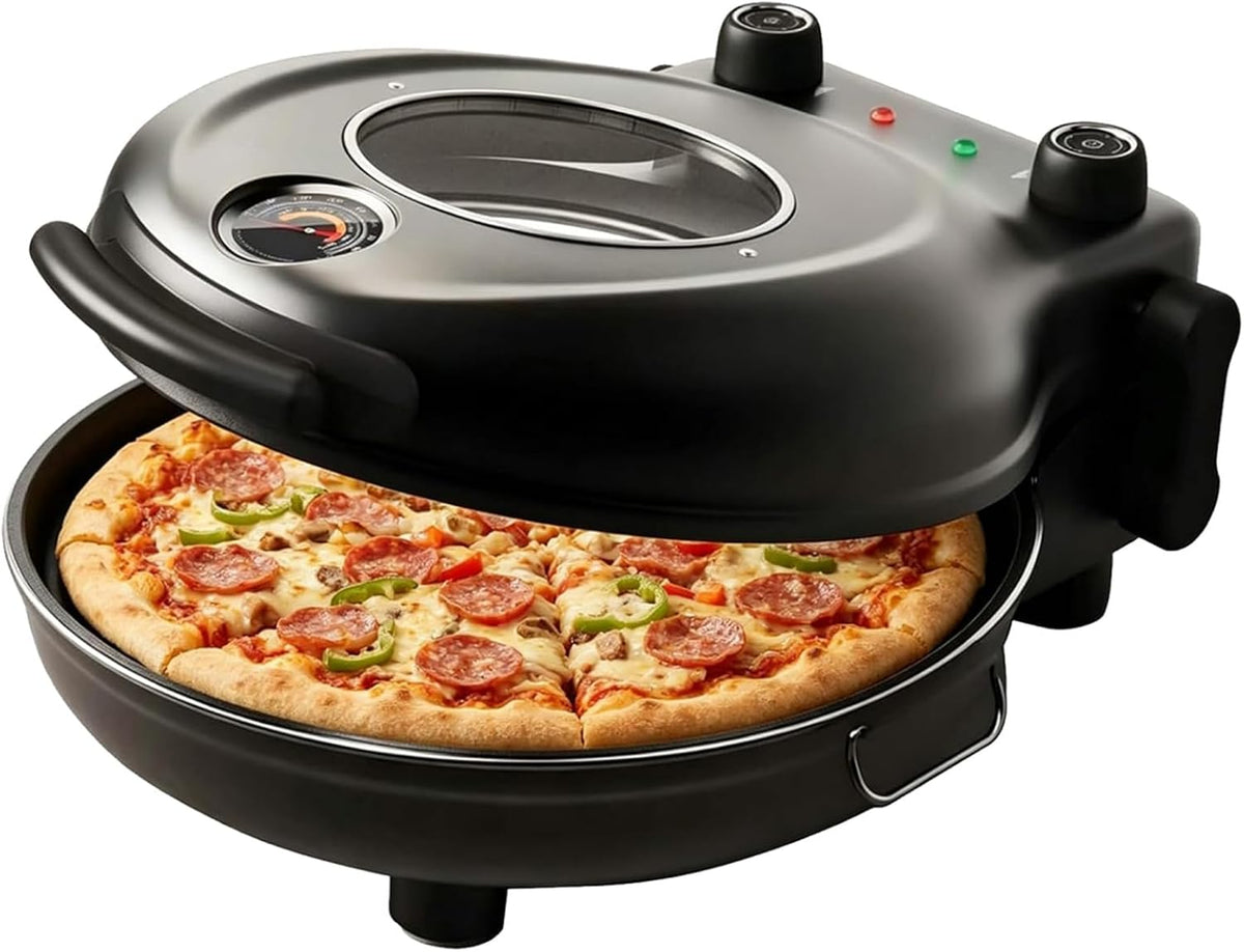 Pizzamaker Elektrische Pizza Oven 1200W, 420 ° C High Heat Countertop Maker, met 12-inch baksteen, dubbele temperatuurregeling en kijkvenster