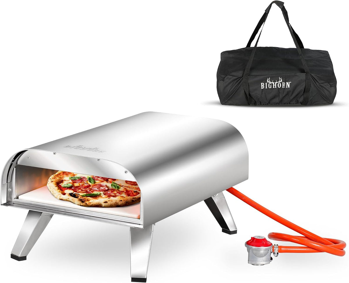 BIG HORN Pizzaoven Bighorn Gas, met Gasdrukregelaarset 30 mbar & Slang 50 cm -, Edelstaal - 30.5cm pizzasteen -temperatuurweergave tot 460 ° C