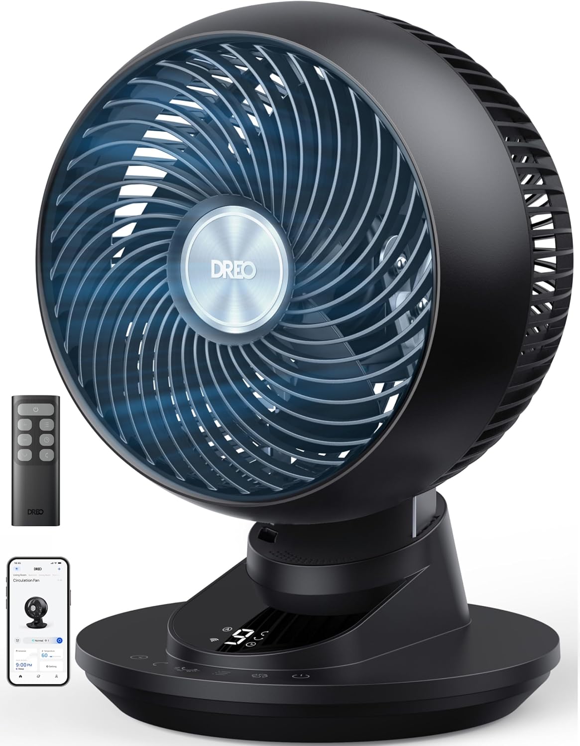 Ventilator DREO - 3D-oscillerende kamerventilator, met 8,8 m/s bij 22 dB stil, 90° oscillatie, 9 snelheden en, intelligente app/spraakbediening