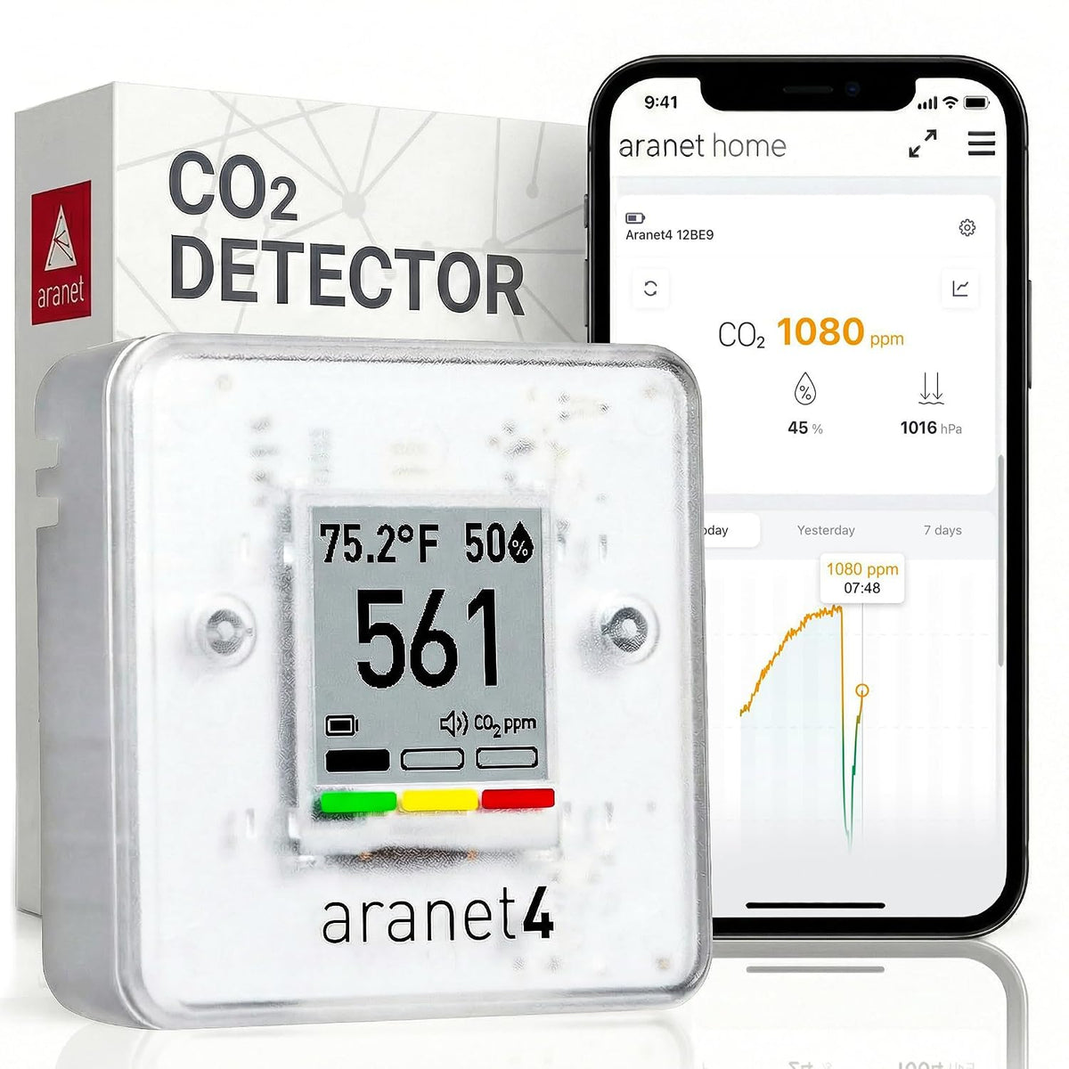 SAF Luchtkwaliteitsmeter Aranet4 Home Draadloze binnenluchtkwaliteitssensor, kantoor of school [CO2, voor thuis, temperatuur