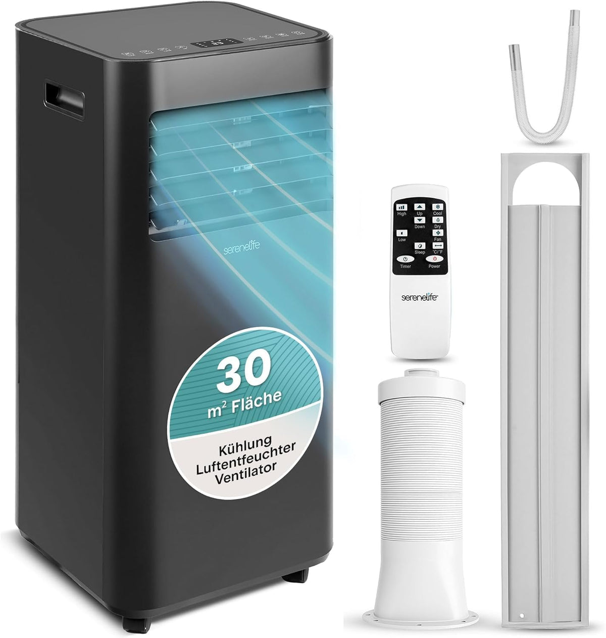 Mobiele airco SereneLife 9000 BTU, met Afstandsbediening en Raamkit, Zwart, Draagbare Airconditioning, met Koelen, Ventilator en Ontvochtiger, Stil