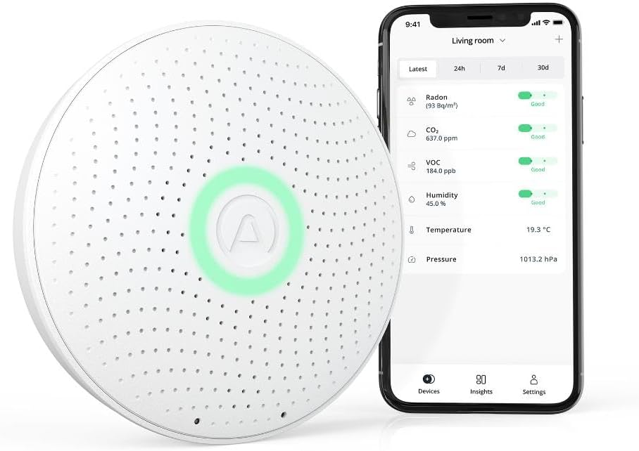 Airthings Luchtkwaliteitsmeter 2930 Wave Plus, met CO2-, Radon- en luchtkwaliteitsmonitor, VOC-, luchtdruk-, vochtigheids- en temperatuurdetector