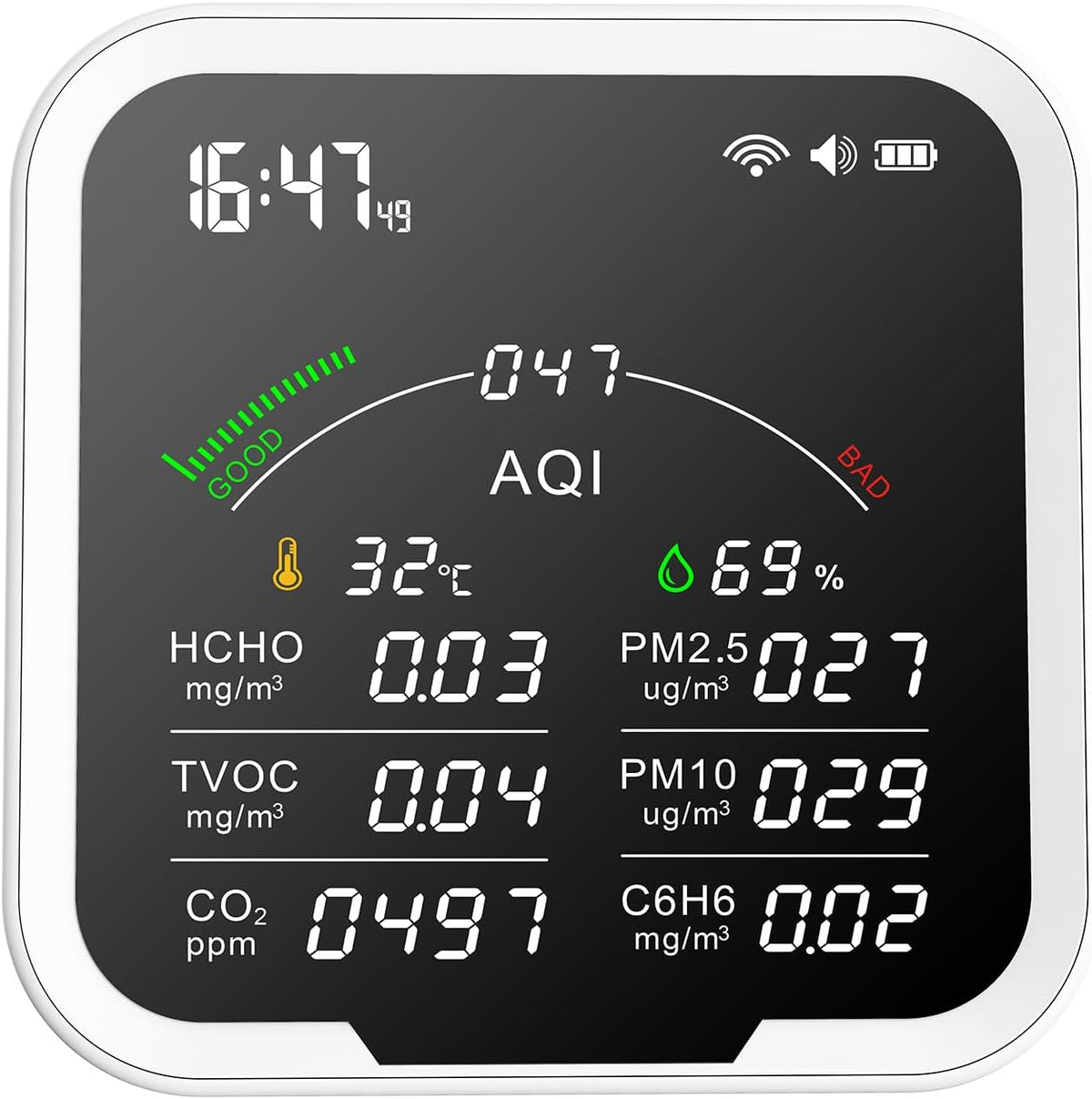 Luchtkwaliteitsmeter Irfora Draagbare HCHO/TVOC/CO2/PM2,5/PM10/AQI/C6H6 temperatuur, 4,8 inch groot scherm kooldioxidedetector