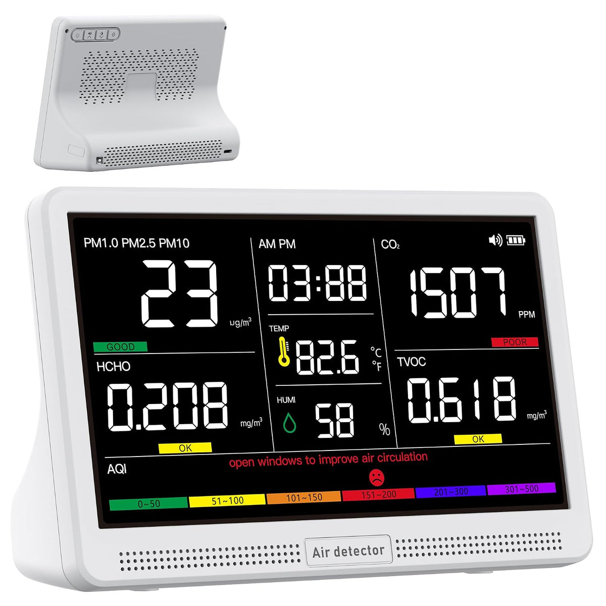 bonoch Luchtkwaliteitsmeter 16 in 1 luchtmeter 9 AQI + 7 AQI waarschuwingen, voor CO2, PM2,5, PM1,0, PM10, TVOC, HCHO, temperatuur, vochtigheid