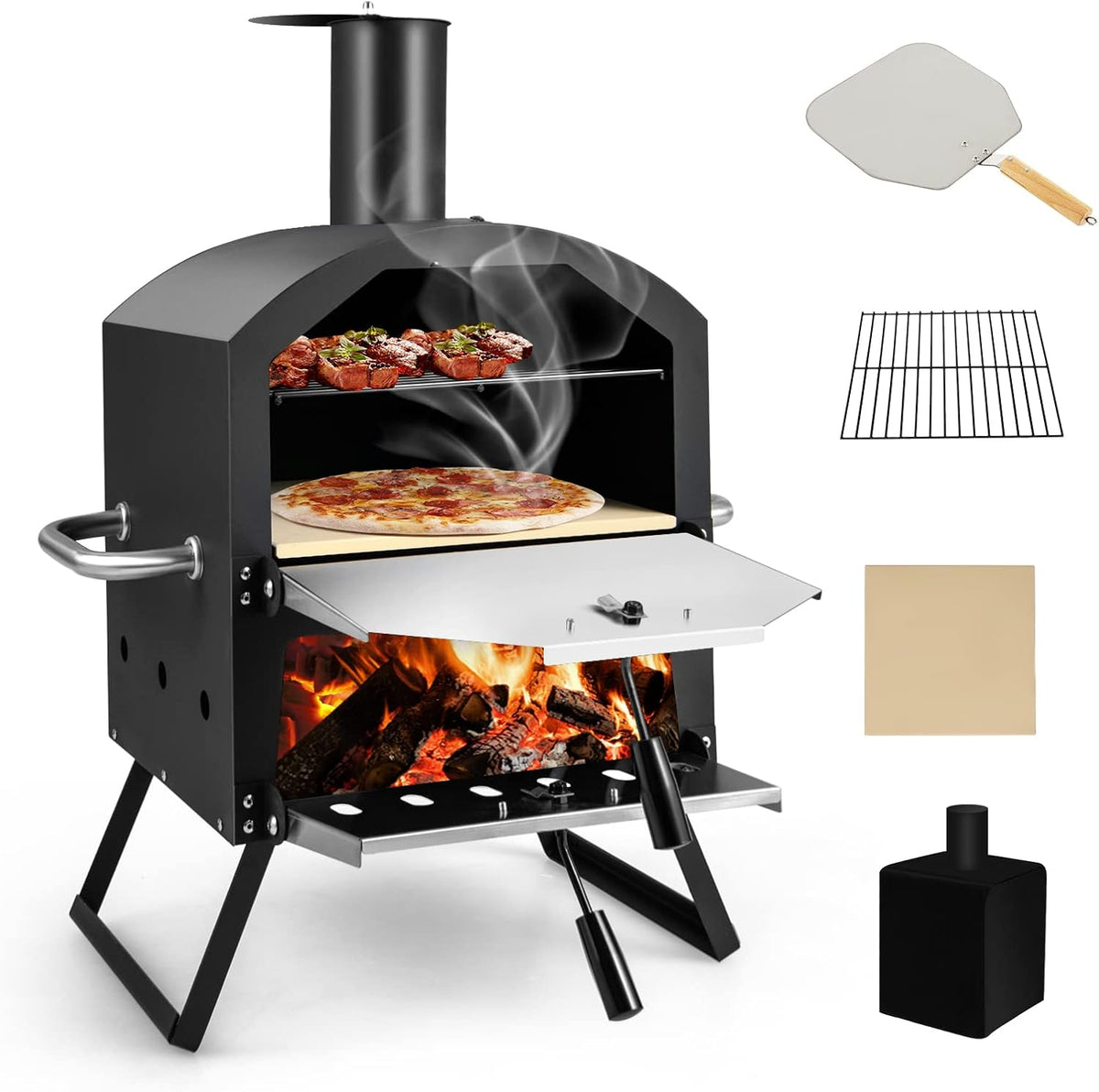 Costway Pizzaoven outdoor, 2-laags pizzaoven, met grillrooster, pizzasteen, waterdicht deksel, hittebestendige handgrepen en opvouwbare poten, camping