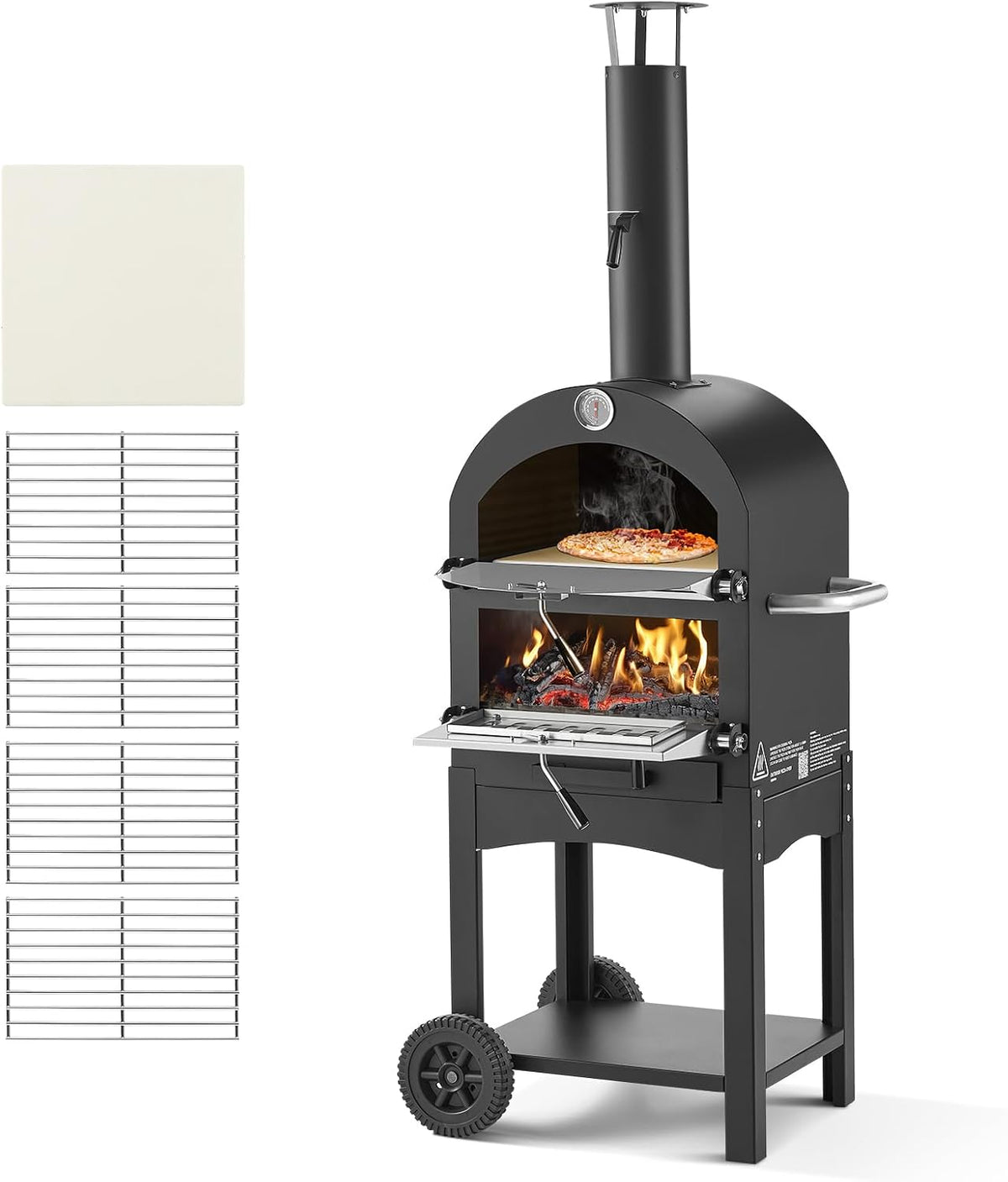 Vevor Pizzaoven, 30,5 cm pelletvuurovens, 2-laags pizza-oven op houtgestookte houtgestookte houtgestookte pizza-oven, met 2 verwijderbare wielen