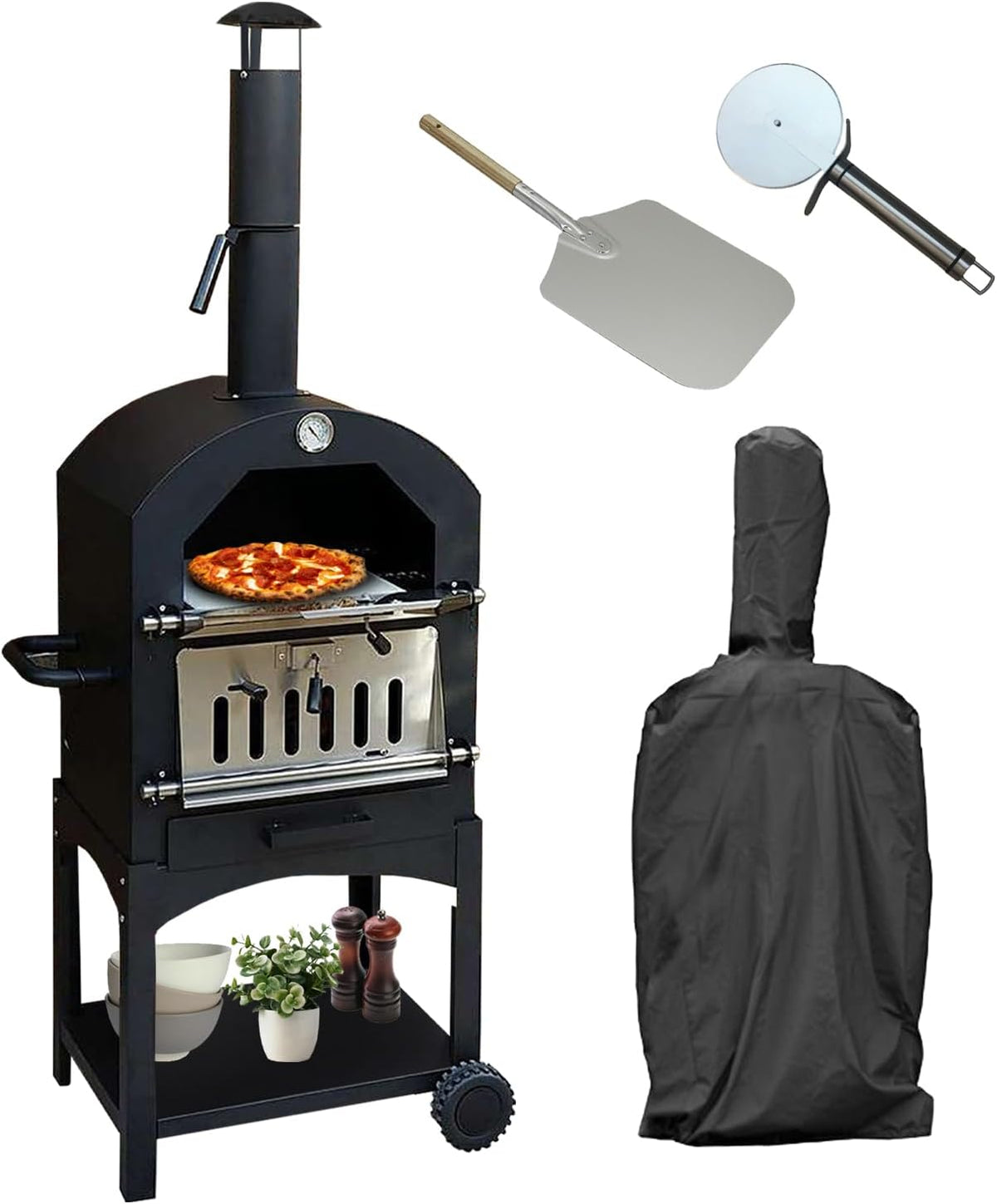 Pizzaoven T-Mech T, Pizza Peel En Cuttergarden Buiten Barbecues Roker Houtskool Gebakken Brood Vlees Grill Gourmet180Cm Treeblack