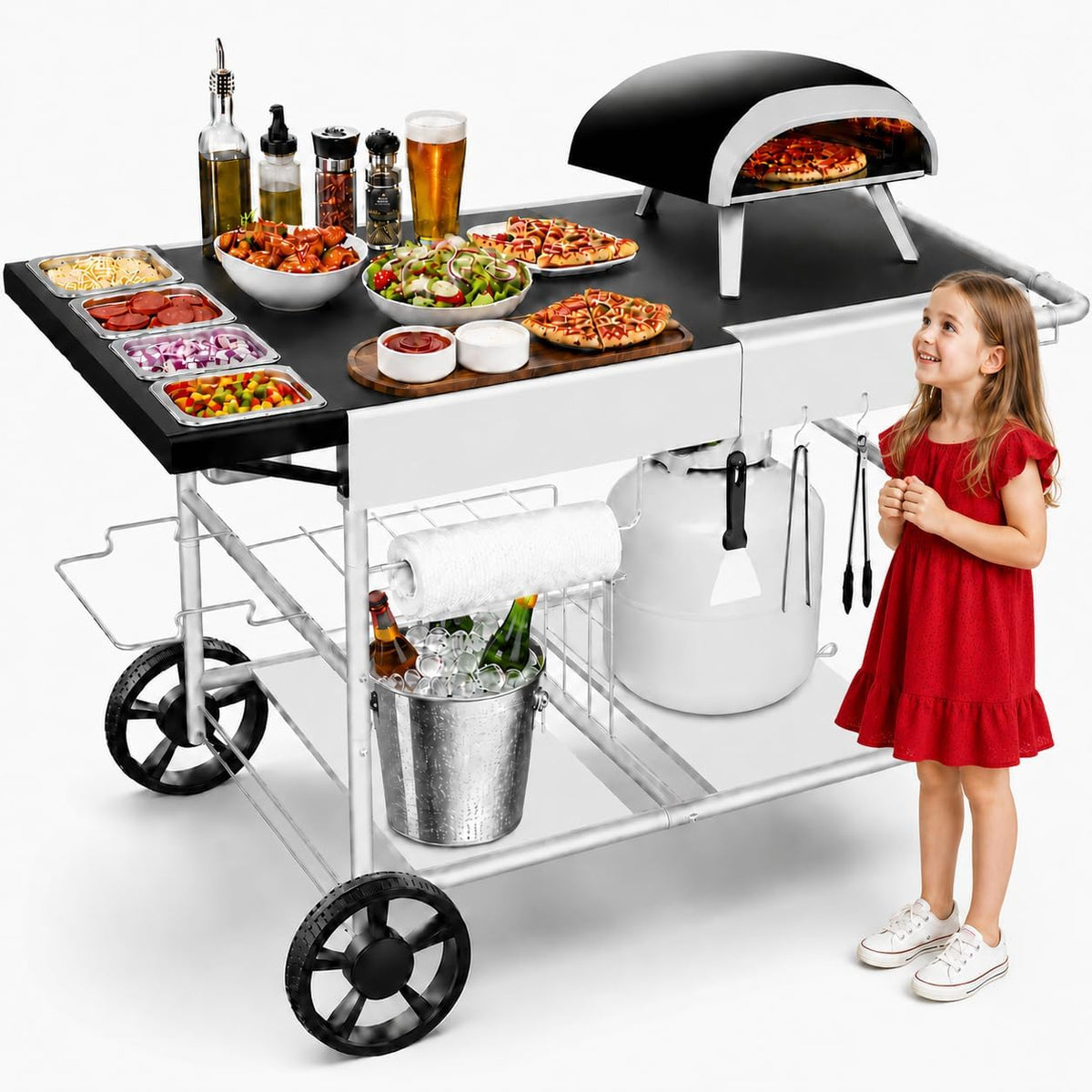 Grill Force Pizzaoven Pizza Oven Tafel, Met Pizza Topping Station, Beweegbare Pizza Oven Stand, Outdoor Grill Tafel Winkelwagen