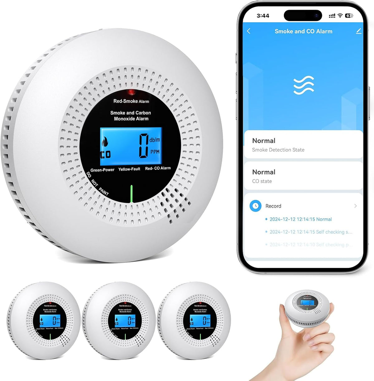 Physen Combimelders rook/koolmonoxide WiFi Rook- en koolmonoxidemelder, Rook- en CO-melder Combimelder 10 Jaar Levensduur, 3St, met LCD Display
