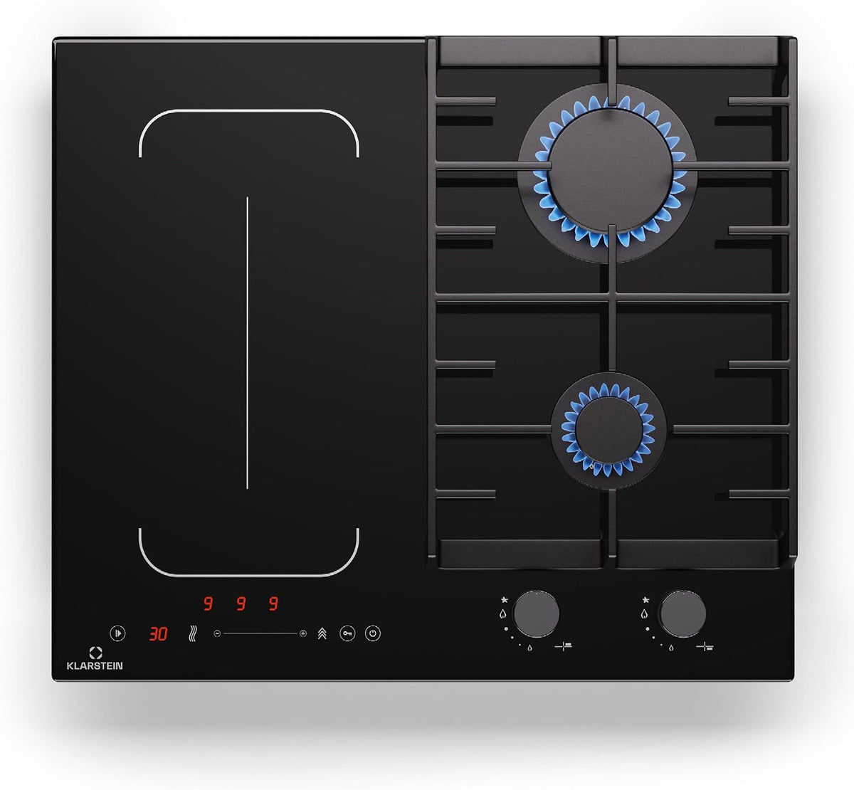 Klarstein Kookplaat MultiChef 4 Inductiekookplaat, 7 Kw, met gaskookplaat - 4-zone flexzone, 2 gas- en 2 inductiekookbranders, timer, zwart, stop & go