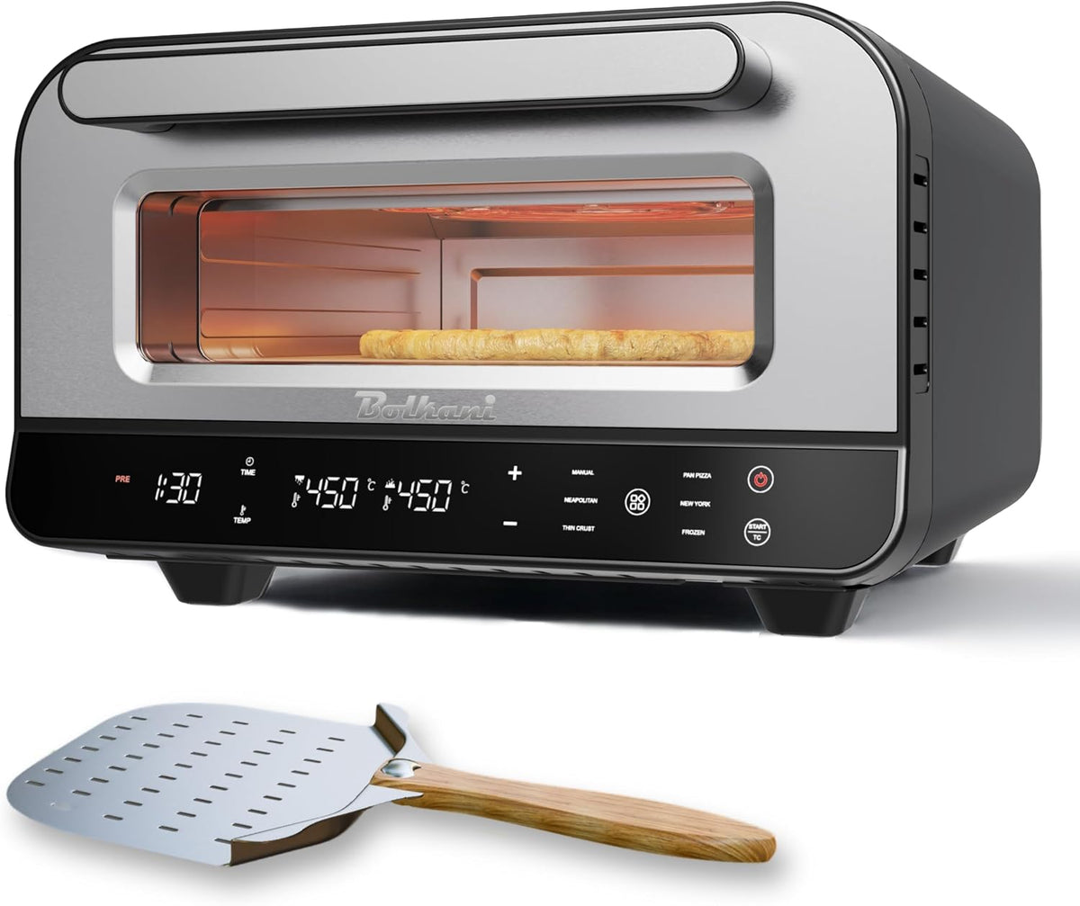 Bolkani Pizzaoven Elektrische, voor knapperige steenovenpizza in 2 minuten – 1700 W, met pizzasteen en pizzaschep – 450 °C, timer