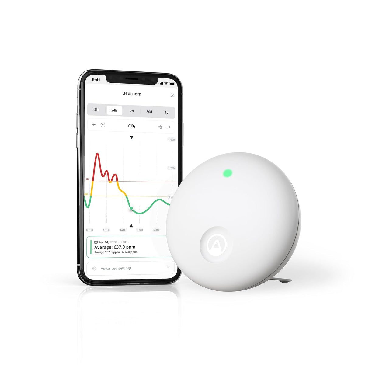 Airthings Luchtkwaliteitsmeter 321 Wave Enhance, voor CO2, Binnenluchtkwaliteitsmonitor, VOC, vochtigheid, temperatuur, druk, geluid