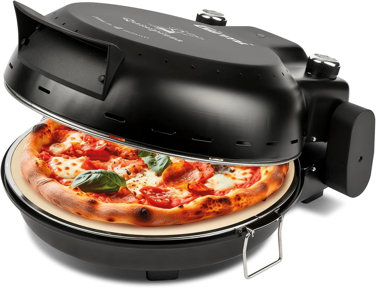 Girmi Pizzamaker FP50 Pizza oven 'Quisipizza', 1800 W, afneembare vuurvaste steen van 31 cm, 420 °C, timer, inclusief receptenboek, zwart, koude muren