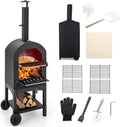Costway Pizzaoven, voor buiten, houtgestookte pizzaoven, met ingebouwde thermometer, praktische handgreep, wielen