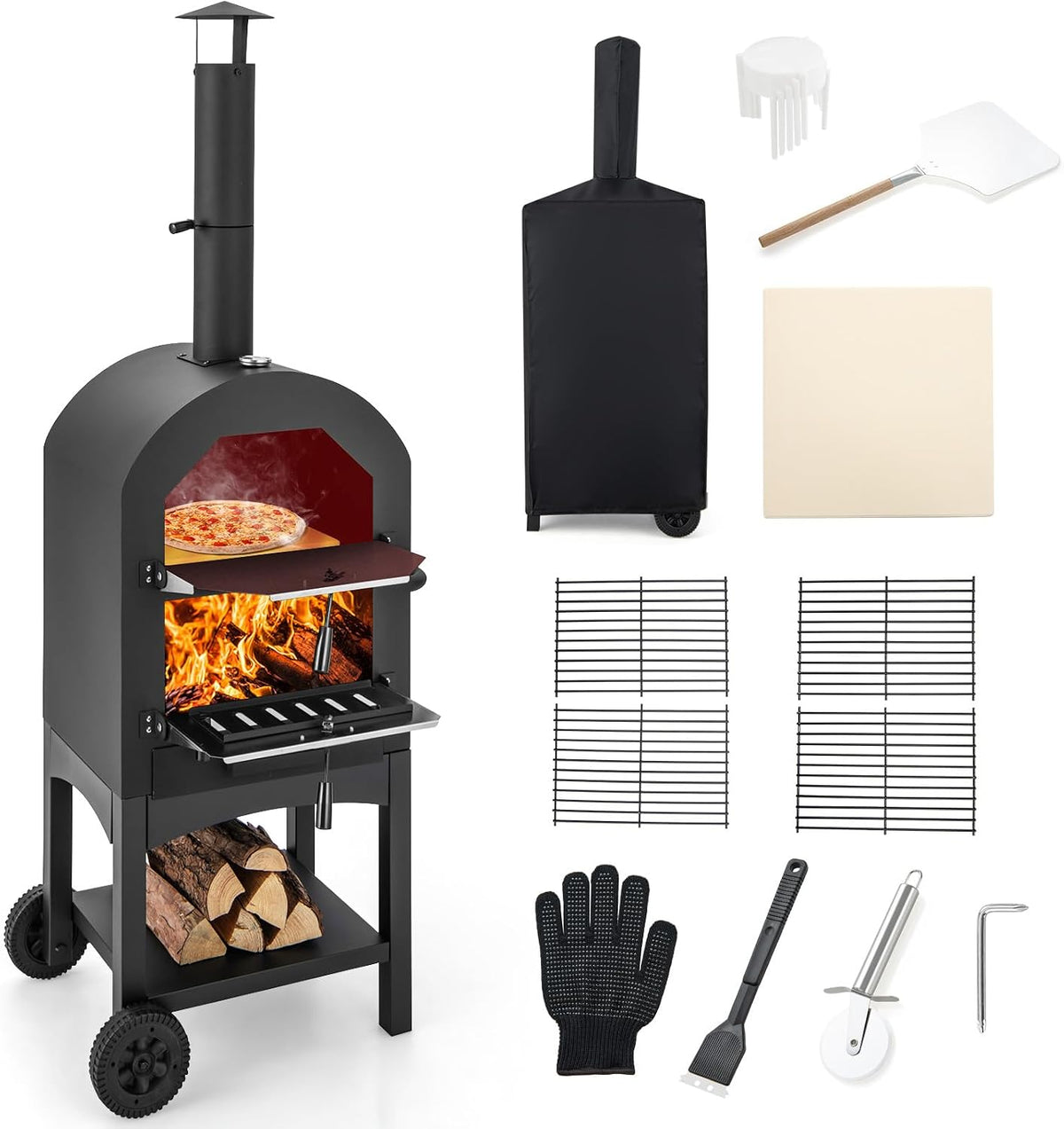 Costway Pizzaoven, voor buiten, houtgestookte pizzaoven, met ingebouwde thermometer, praktische handgreep, wielen