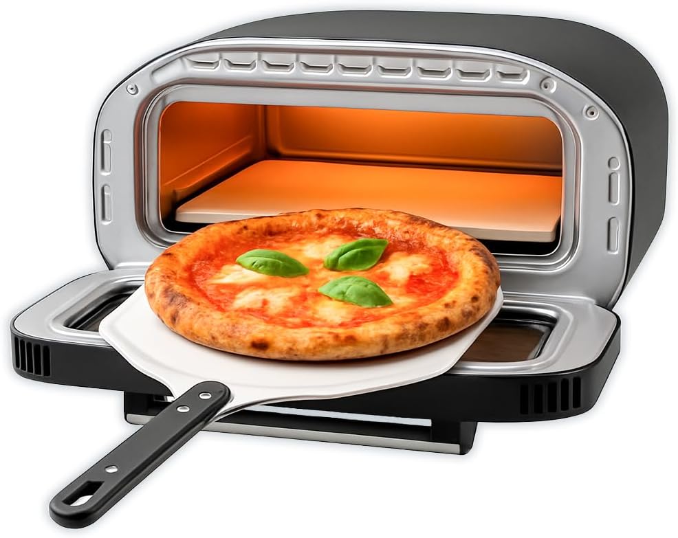 Behome Pizzaoven Elektrische, 420 W, 430 °C, bakt in 2 minuten, inclusief, schep en vuurvaste steen, gelijkmatig bakken en modus, voor Napolitaanse
