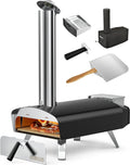 Pizzaoven Mimiuo buitenoven op hout en pellets, klassieke W-oven, voor in de tuin, met zwarte coating, met pizzasteen en opvouwbare pizzaschil.