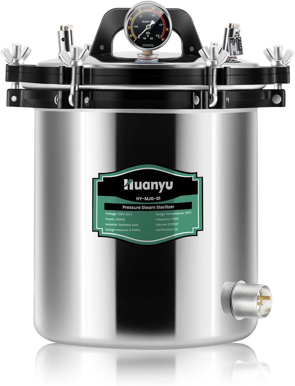 Huanyu Autoclav 18 liter autoclave-sterilisator, 2 ventielen, stoomsterilisatie