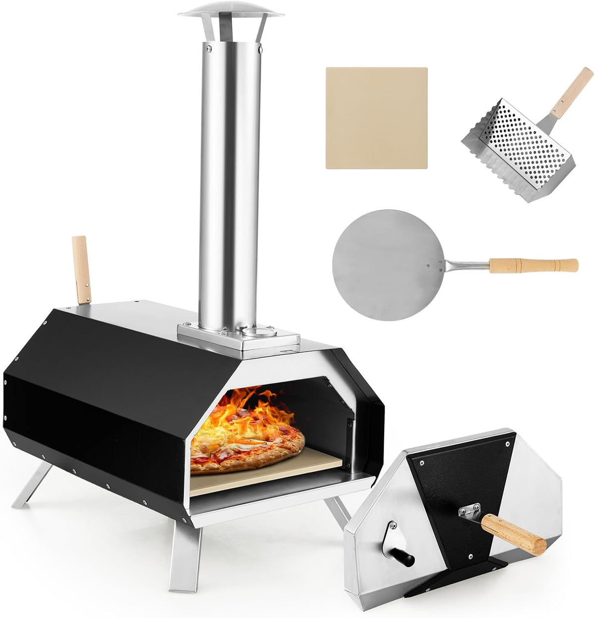Komfotteu Pizzaoven Pizzaboven, voor buiten, draagbaar, van hout, met pizzasteen, pizzaschep, roestvrij staal, voor barbecue, camping