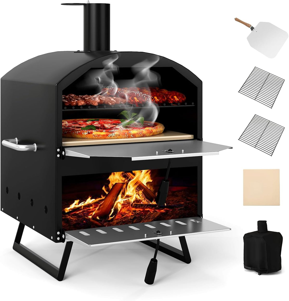 Costway Pizzaoven 2-laags, met Grillrooster, Pizzaspade, Vierkante Pizzasteen en Waterdichte Dekking, Draagbare Houtgestookte Oven, voor Camping